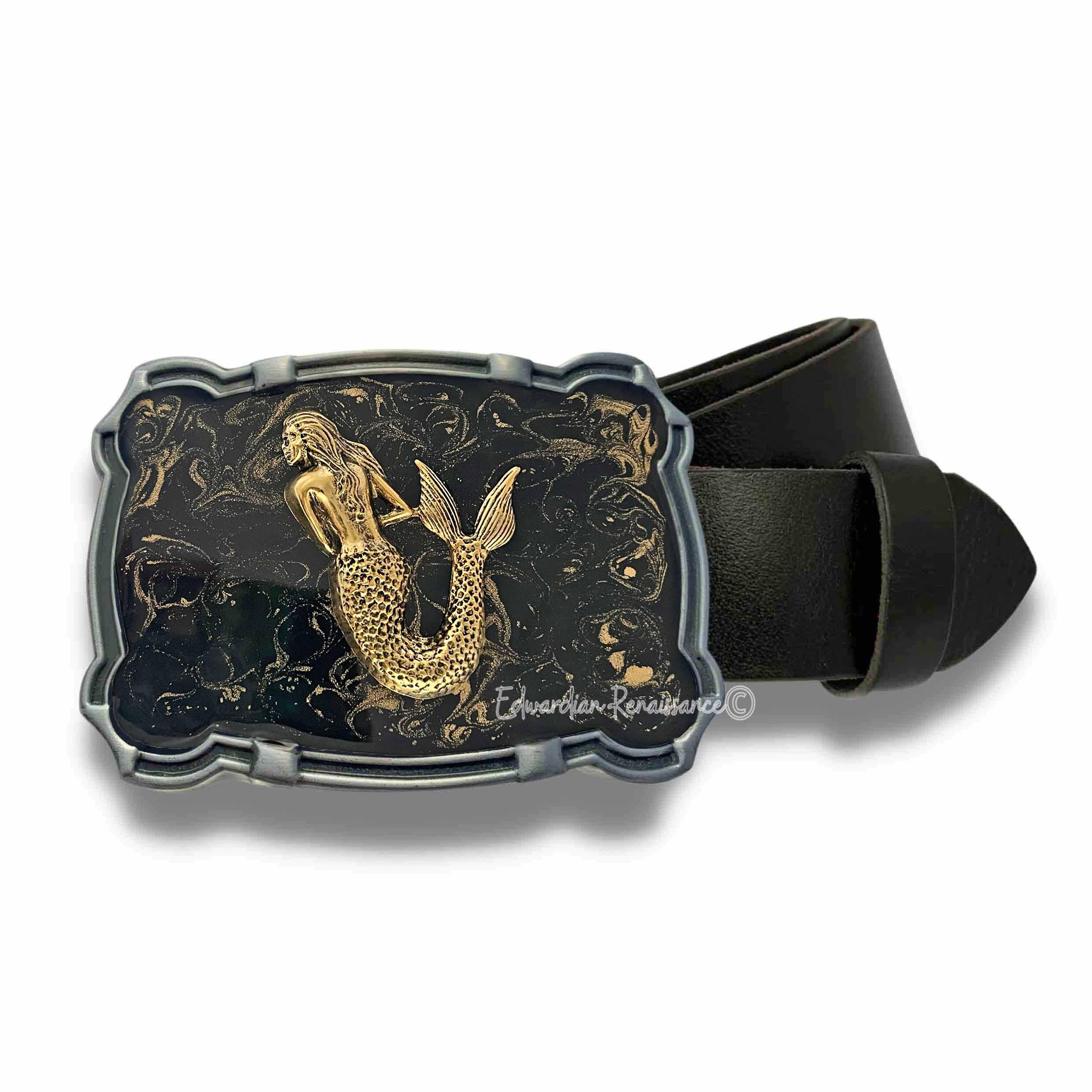 Mermaid on a shell Buckle Belt - Gold and Blue, by Richard Kaish. Seahorse Fish Leather Belt - Cellar Leather main image 2