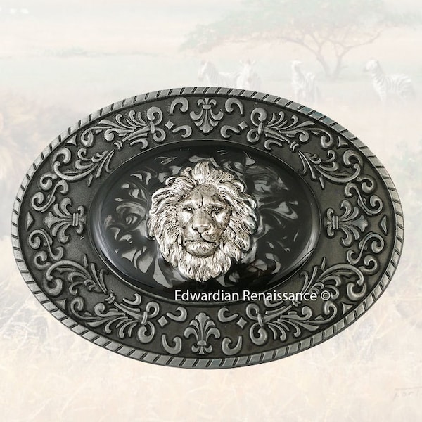 Lion Head Belt Buckle Inlaid in Hand Painted Black Ink Swirl Enamel Neo Victorian Safari Oval Metal Buckle Leo Head Buckle with Color Option