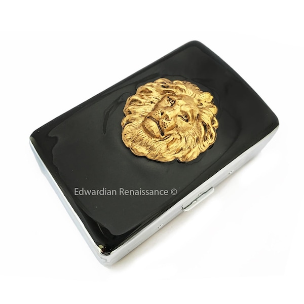 Antique Gold Lion Metal Cigarette Case Inlaid in Hand Painted Enamel Neo Victorian Leo Metal Wallet Custom Engraved and Personalized Options