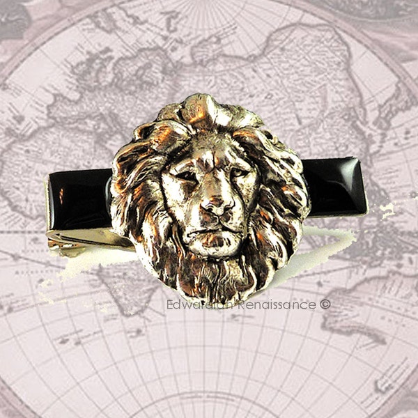 Antique Sterling Silver Lion Head Tie Clip Inlaid in Hand Painted Glossy Black Enamel Neo Victorian Safari Vintage Style Leo