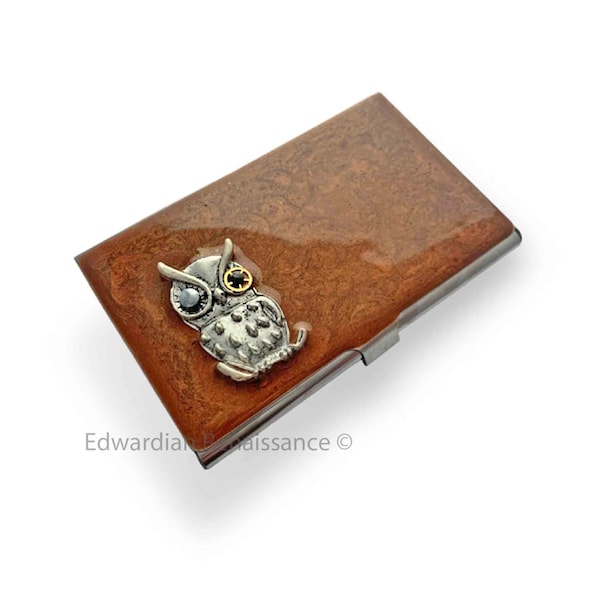 Sci fi Owl Business Card Case Inlaid in Hand Painted Copper Enamel Mechanical Owl Metal Wallet Steampunk Gear and Cog Personalized Options