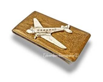 Antique Silver Plane Money Clip Inlaid in Hand Painted Metallic Gold Enamel Jumbo Jet Neo Victorian Inspired Personalize with Color Options