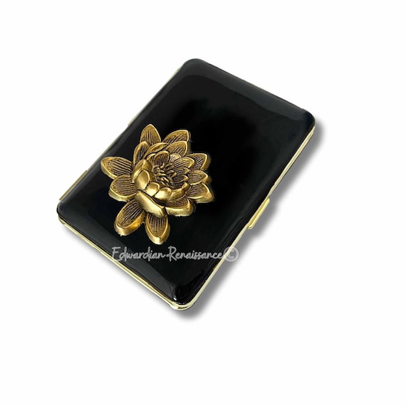 lotus cigarette Lotus Cigarette Case: Gold Flower, Black Enamel, Custom Engraving