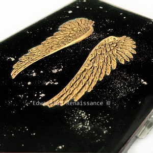 Angel Wings Cigarette Case Inlaid in Black with Silver Splash Enamel Renaissance Victorian Personalize and Color Options Available