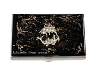Pisces Business Card Case Inlaid in Hand Painted Enamel Neo Victorian Zodiac Design Personalized and Custom Color Options Available