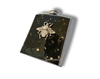 Antique Silver Bee Flask: Hand-Painted Black Enamel, Gold Splash Design