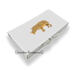 Antique Gold Rhino Weekly Pill Box Inlaid in Hand Painted White Enamel Safari Style with Personalized and Color Options Available