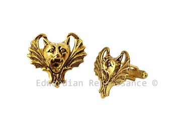 Vampire Bat Cufflinks plated in Antique Gold Gothic Victorian Vintage Inspired with Tie Pin and Tie Clip Set Options