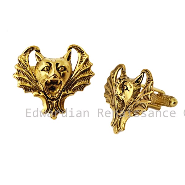 Vampire Bat Cufflinks plated in Antique Gold Gothic Victorian Vintage Inspired with Tie Pin and Tie Clip Set Options