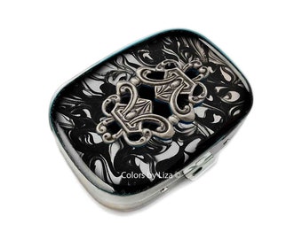 Art Nouveau Oval Pill Box Inlaid in Hand Painted Enamel with Brack Ink Swirl Neo Victorian Design Personalized and Color Options Available