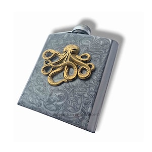 Antique Gold Octopus Flask: Hand Painted Kraken Flask, Personalized Option