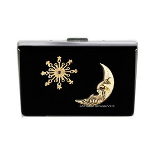 Celestial Kreditkarten Portemonnaie mit Akkordeon Organizer Inlaid in Hand pianted Schwarz Emaille RFID Blocker Moon Man and Comet
