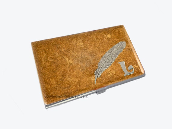 Porte-carte de visite en bois à thème nautique avec embellissements métalliques Sacs et bagages Portefeuilles et pinces à billets Etuis à cartes de visite 