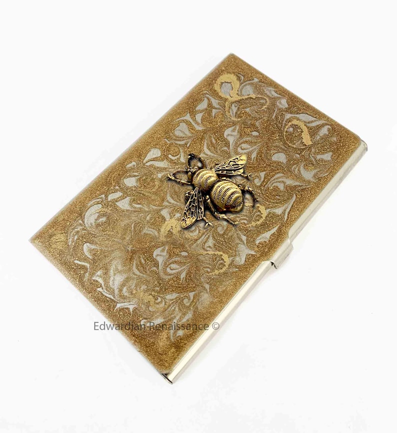 Antique Gold Bee Business Card Case: Hand-Painted Silver Swirl Enamel image 8