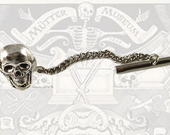 Antique Silver Skull Head Tie Pin with Bar and Chain Vintage Inspired Tie Tack Accent Brooch