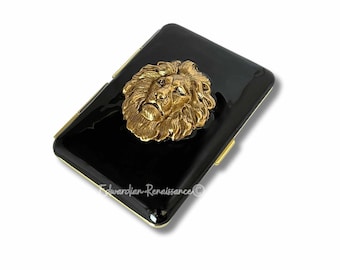 lion cigarette case Lion Head Cigarette Case: Antique Gold, Black Enamel, Personalized Option
