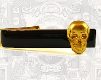 Brass Skull Head Tie Clip Gothic Victorian Tie Bar Accent Inlaid in Hand Painted Black Onyx Glossy Enamel Custom Colors Available