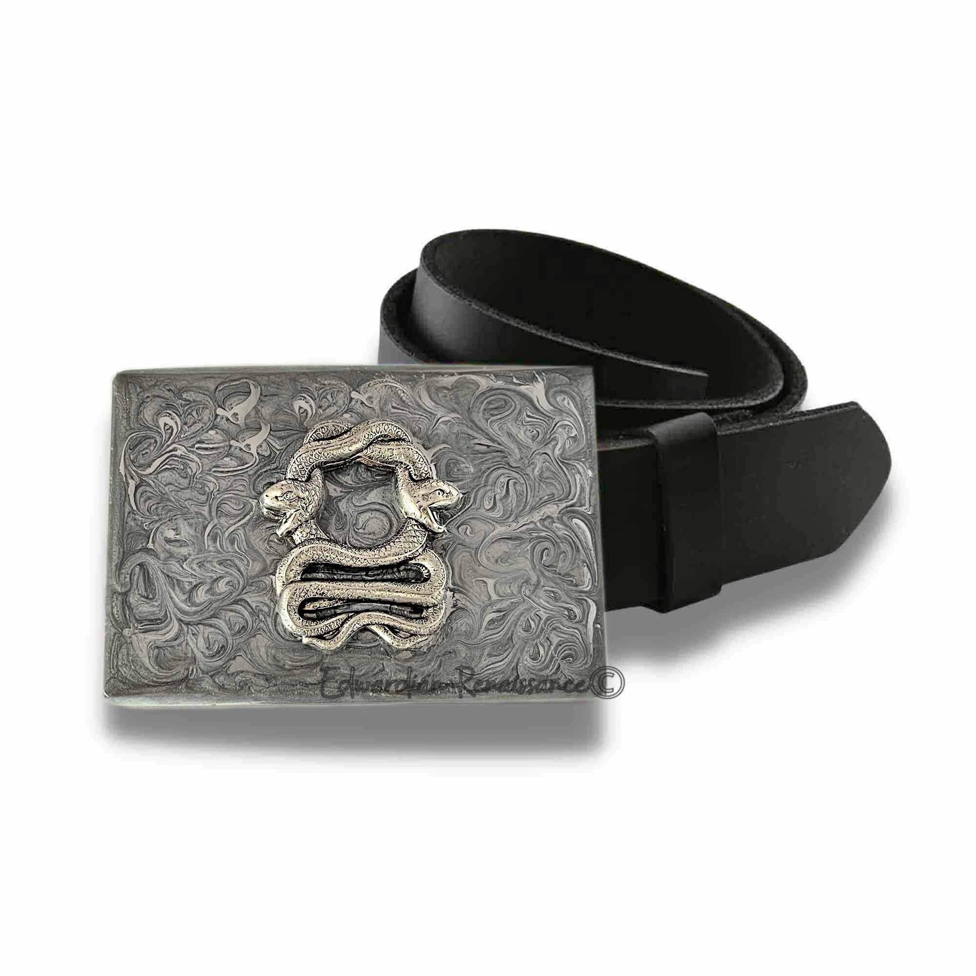 Antique Silver Snake Belt Buckle: Hand-painted Enamel, Gothic