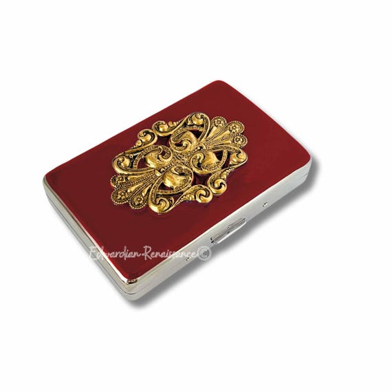 Ox Blood Cigarette Case, Art Nouveau Inlay, Personalized Option