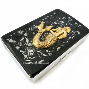 Antique Gold Mermaid Cigarette Case Inlaid in Hand Painted Glossy Enamel Black Ink Swirl Nautical Victorian with Personalized Options