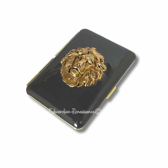 Lion Head Cigarette Case: Antique Gold, Black Enamel, Personalized Option