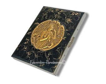 Art Nouveau Lady Cigarette Case in Hand Painted Black with Gold Swirl Enamel Victorian Style with Personalized and Color Options