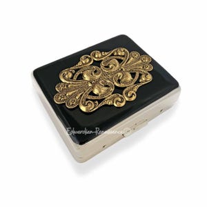 Art Nouveau Pill Box, with 8 Individual Compartments, Baroque Style, Personalized Gift and Color Options, in Hand Painted Black Enamel