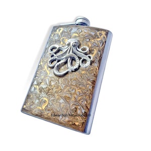 Antique Silver Octopus Flask: Hand-Painted Gold Swirl Enamel, 8oz Hip Flask
