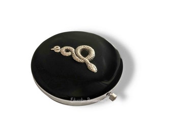 Silver Serpent Compact Mirror in Hand Painted Glossy Black Enamel Vintage Style Snake Design with Color and Personalized Options