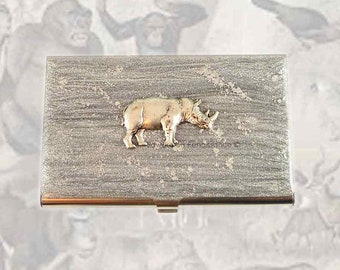 Rhino Business Card Case Inlaid in Hand Painted Silver Enamel Rhinoceros Metal Wallet Personalized and Custom Color Options