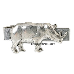 Rhino Tie Clip Inlaid in Metallic Silver Enamel  Neo Victorian Safari Rhinoceros Alligator Style with Color and Set Options
