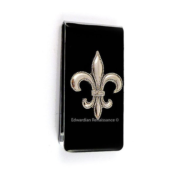 Fleur De Lys Money Clip Inlaid in Hand Painted Onyx Enamel French Monarchy Inspired with Personalized and Color Option