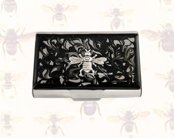 Queen Bee Large Business Card Case Embellished on Black Ink Swirl Enamel Design Personalized and Color Options