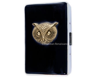 Antique Gold Owl Cigarette Case Inlaid in Hand Painted Glossy Black Onyx Enamel Woodland Bird with Personalize Engraving and Color Options