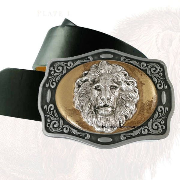 Antique Silver Lion Head Belt Buckle Inlaid in Hand Painted Glossy Gold Enamel Neoclassic Safari Metal Buckle with Assorted Color Options