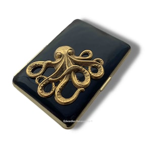 Oktopus Zigarettenetui in Handbemalt Schwarz Emaille Gothic Viktorianisch Nautisches Motiv mit individueller Gravur und Farboptionen