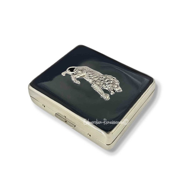 Weekly Pill Box Organizer Prowling Lion Inlaid in Hand Painted Black Enamel Neo Victorian Safari Inspired with Personalized Color Options