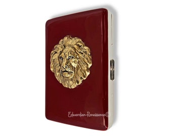Antique Gold Lion Head Cigarette Case in Hand Painted Ox Blood Enamel Neoclassic Leo Inspired with Color and Personalized Options