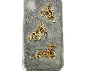 Dragons Iphone Cover or Galaxy Case Inlaid in Silver Swirl Enamel Medieval Fantasy Inspired Phone Accessory with Color Options Available