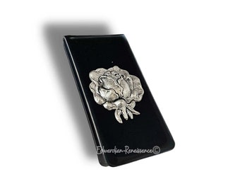 Silver Rose Money Clip in Hand Painted Black Enamel Vintage Style Flower Design with Personalized Color Options