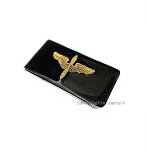 Propeller with Wings Money Clip in Hand Painted Black Metallic Enamel Air Corps Insignia Vintage Style Aviation w Personalized Color Options