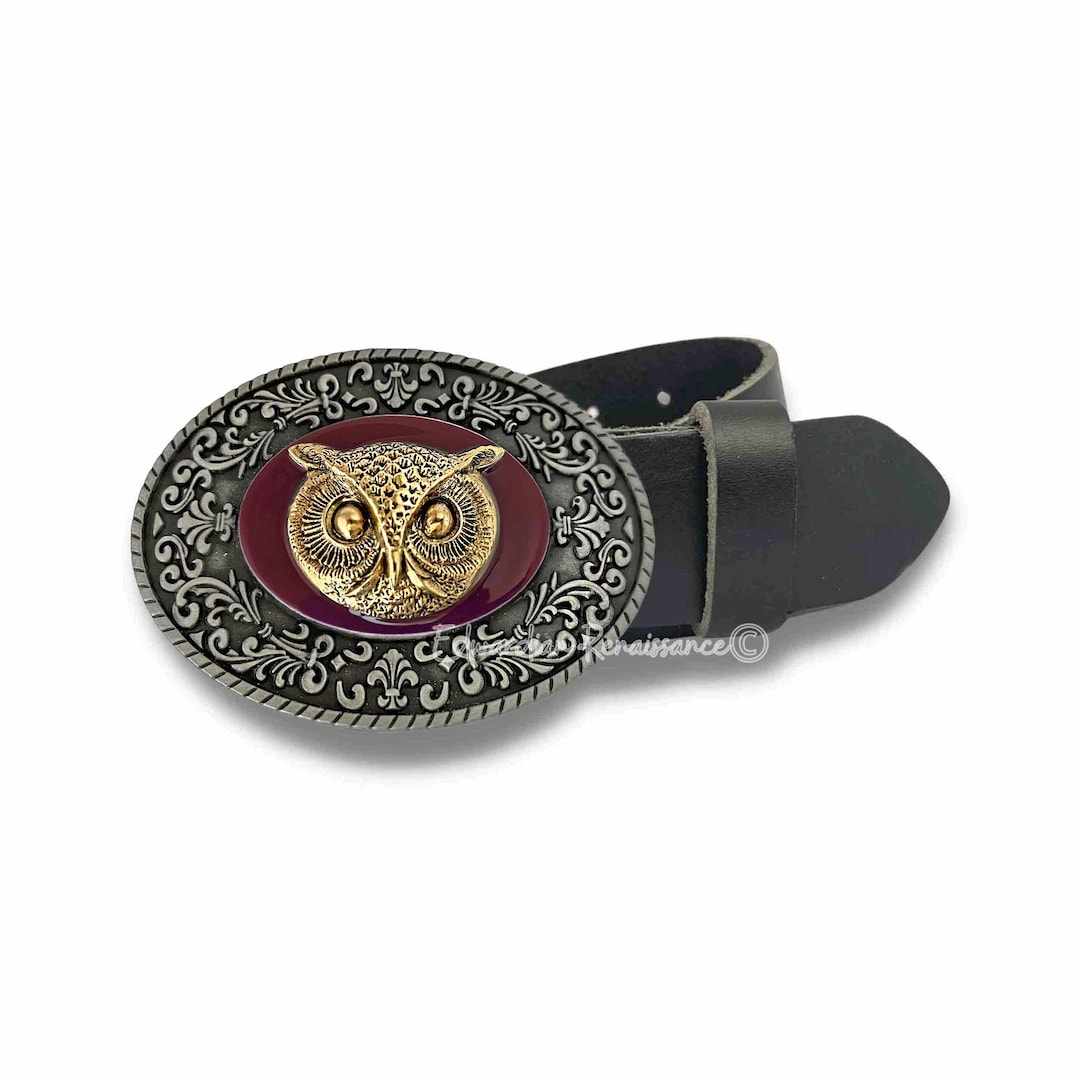 Antique Gold Owl Belt Buckle: Hand Painted Enamel, Art Deco  display picture 2