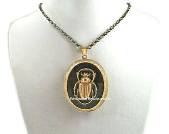 Scarab Beetle Locket Necklace: Hand Painted Enamel Pill Box, Personalized Egyptian Jewelry