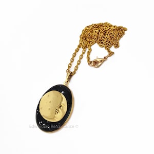 Moon and Stars Locket Necklace: Hand Painted Black Enamel Art Deco Celestial Pendant