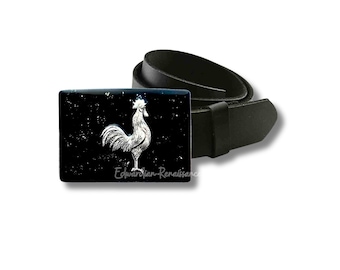 Rooster Belt Buckle: Antique Silver Finish, Black Enamel