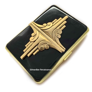 Gold Art Deco Zigarettenetui in Handbemalt Schwarz Emaille geometrisch inspiriert mit individueller Gravur und Farboptionen