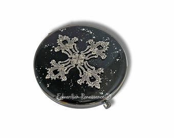 Silver Cross Compact Mirror, Gothic Style, Hand Painted Enamel, Personalized