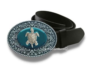 Antique Silver Sea Turtle Belt Buckle: Hand-painted Enamel  display picture 3