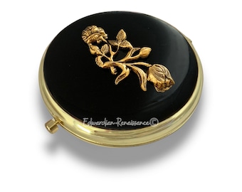 Antique Gold Rose Compact Mirror Inlaid in Glossy Black Enamel Art Nouveau Floral Design with Color and Personalized Options