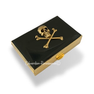 Antique Gold Skull Pill Box: Gothic Enamel Design, Personalized Option